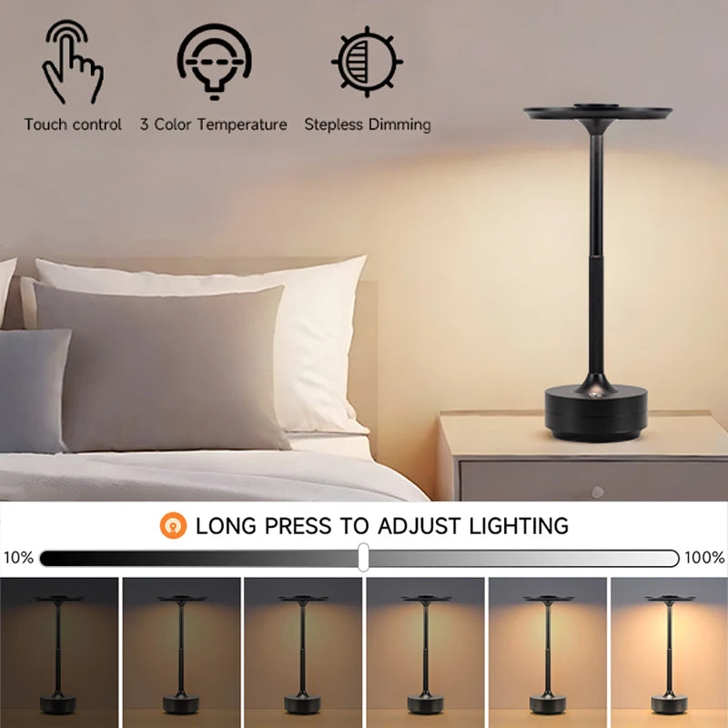 Cordless desk lamp, LED rechargeable desk lamp, with 3 temperature settings, stepless dimming, aluminum alloy, suitable for home